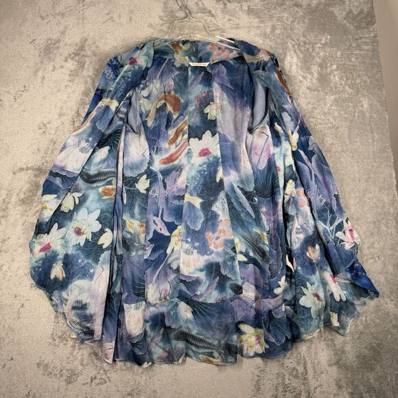 Soft Surroundings Sweater Womens Medium Blue Tea Garden Topper Floral Birds Boho - Picture 4 of 10